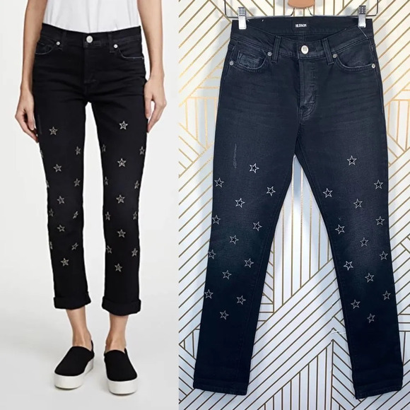 Hudson Riley Crop Relaxed Star Straight Jeans - Picture 1 of 10